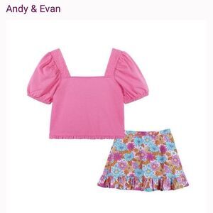 Andy & Evan 2 piece floral skirt and pink smocked top set NWT